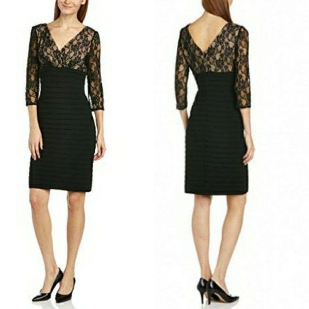 Adrianna Papell Lace Illusion V-neck 3/4 Sleeve Bodycon‎ Dress Black Sz 4P